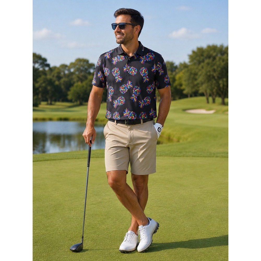 Proud 90 Polo Shirt Mens XL Black  Pineapple AOP Colorful Performance Golf Logo